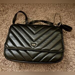 DKNY Black Chevron Crossbody Bag with Gold Chain